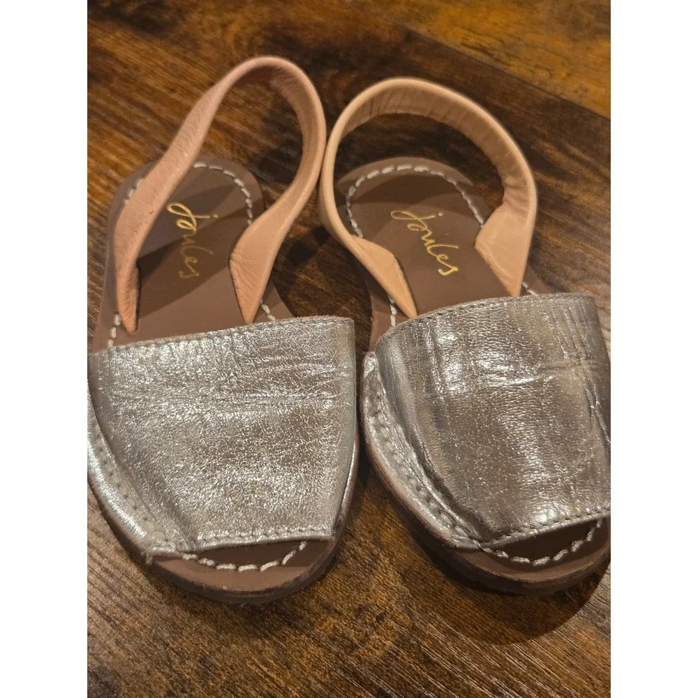 Joules Girls Silver Metallic Leather Avarca Sandals Slingback‎ Flats UK 8/ US 9